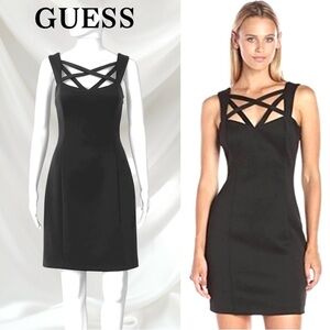 GUESS Little Black Mini Dress Criss-Cross Strappy Neckline Bodycon Side Zip